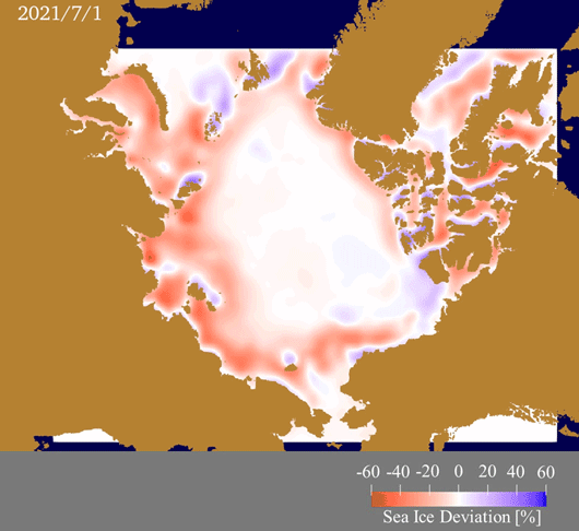 Anomaly of the predicted ice concentration from 2003-2020 mean.