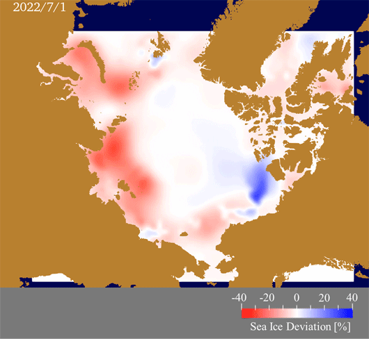 Figure 4：Animation of the daily anomaly of the predicted ice concentration from 2003-2021 mean. Red color shows the area of faster ice retreat. Blue shows the area of slower ice retreat.