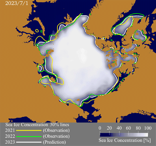 Animation of predicted Arctic sea ice extent from the July 1 to the September 20.
