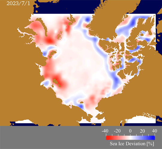 Animation of the daily anomaly of the predicted ice concentration from 2003-2022 mean. Red color shows the area of faster ice retreat. Blue shows the area of slower ice retreat.