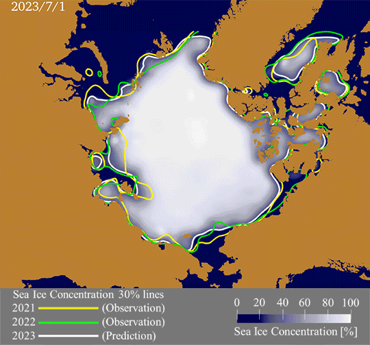Animation of predicted Arctic sea ice extent from the July 1 to the September 20.