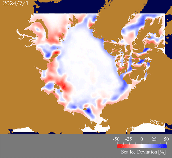 Animation of the daily anomaly of the predicted ice concentration from 2003-2023 mean. Red color shows the area of faster ice retreat. Blue shows the area of slower ice retreat.