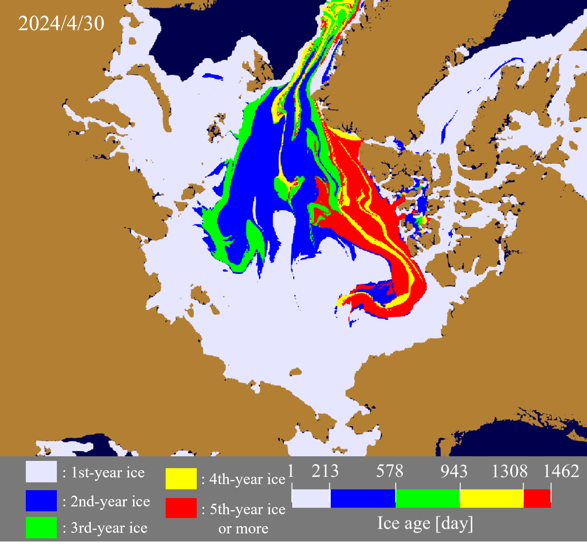 Sea ice age distribution on April 30, 2024.