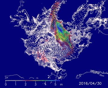 2015年12月1日の海氷域上に等間隔に配置した粒子の2016年4月30日の分布