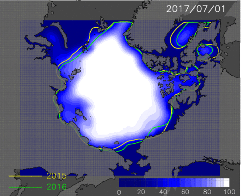 7月1日から9月20日までの海氷分布予測値のアニメーション