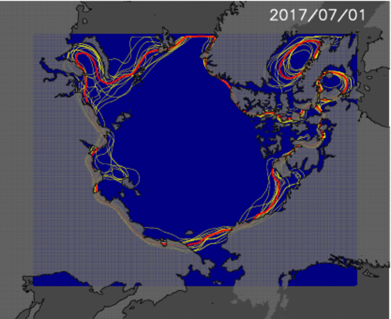 2003年から2016年までの海氷分布(黄線)と今年の海氷分布(予測値:赤線)の7月1日から9月15日までの変化