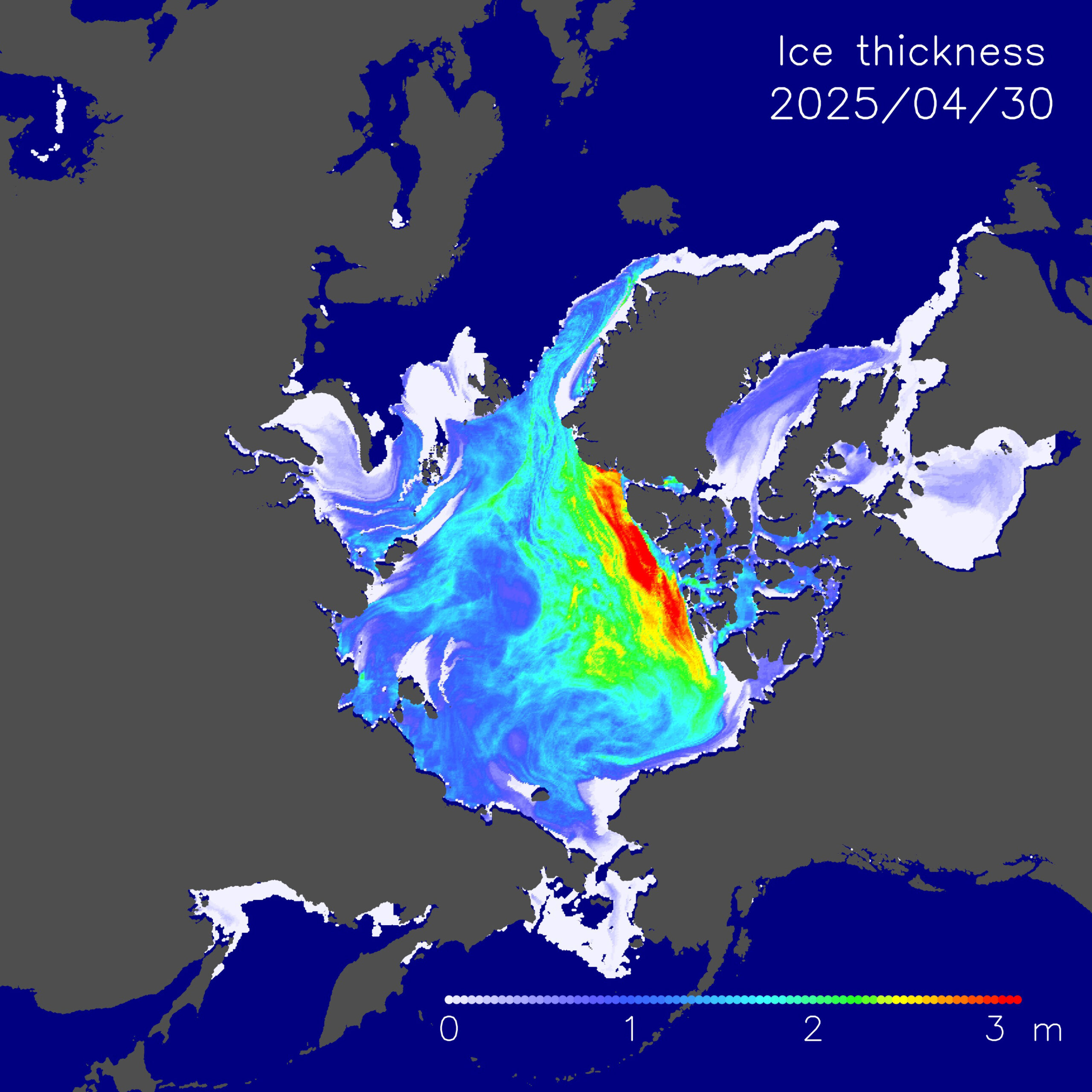 Sea-ice thickness distribution on April 30, 2025.