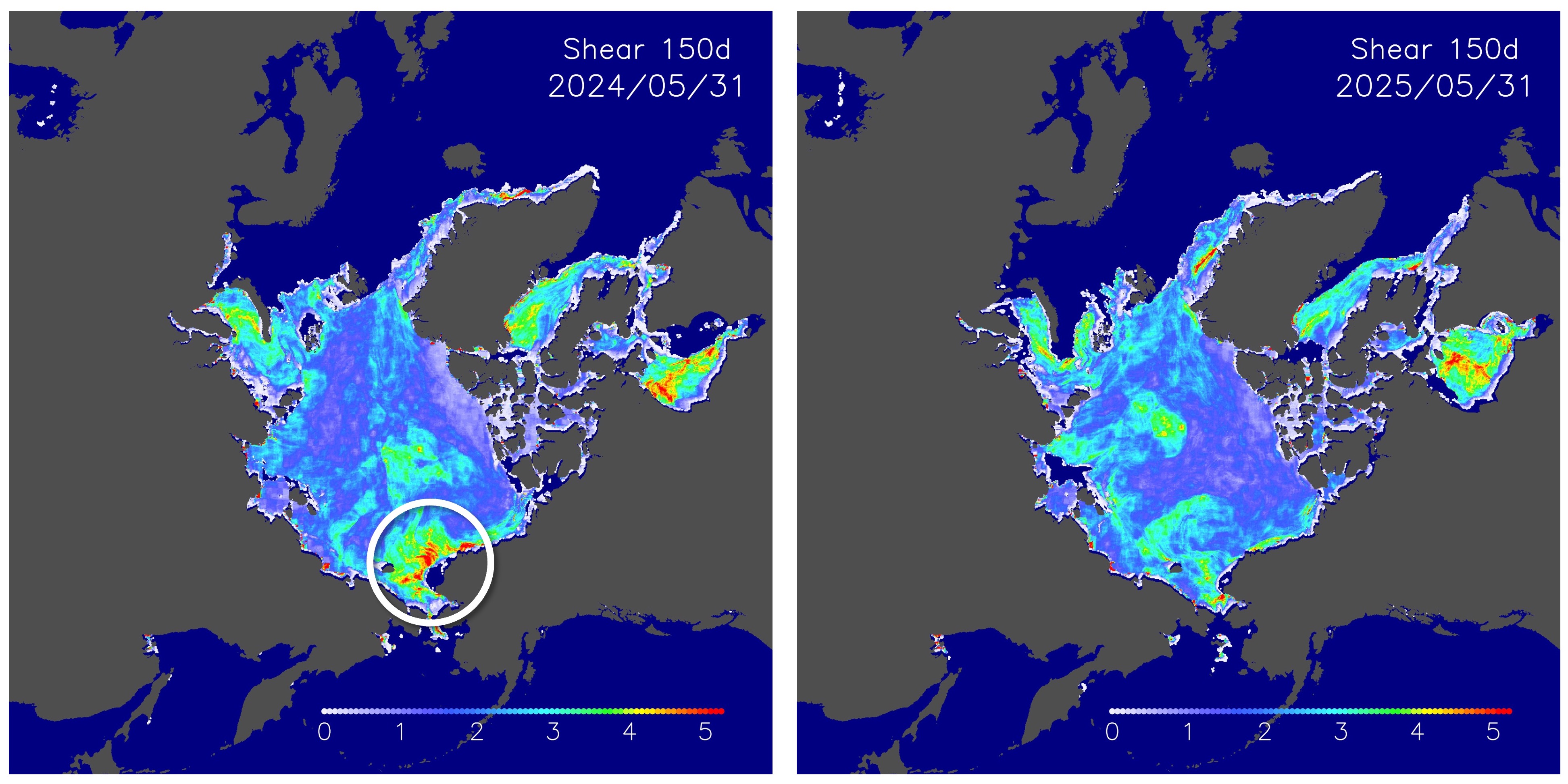 Accumulated shear of sea ice motion from January 1 to May 31.