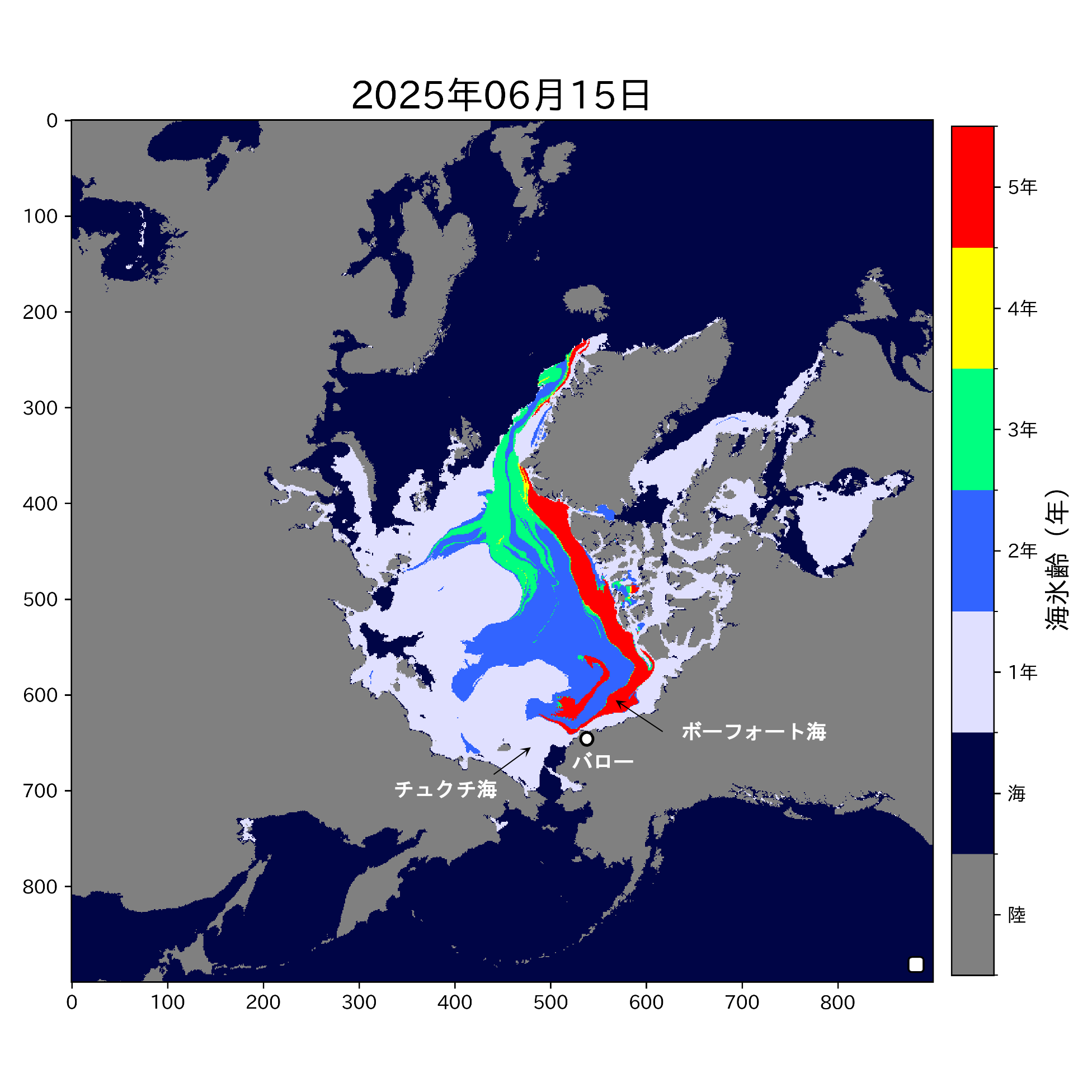 2025年6月15日の最大海氷年齢分布。