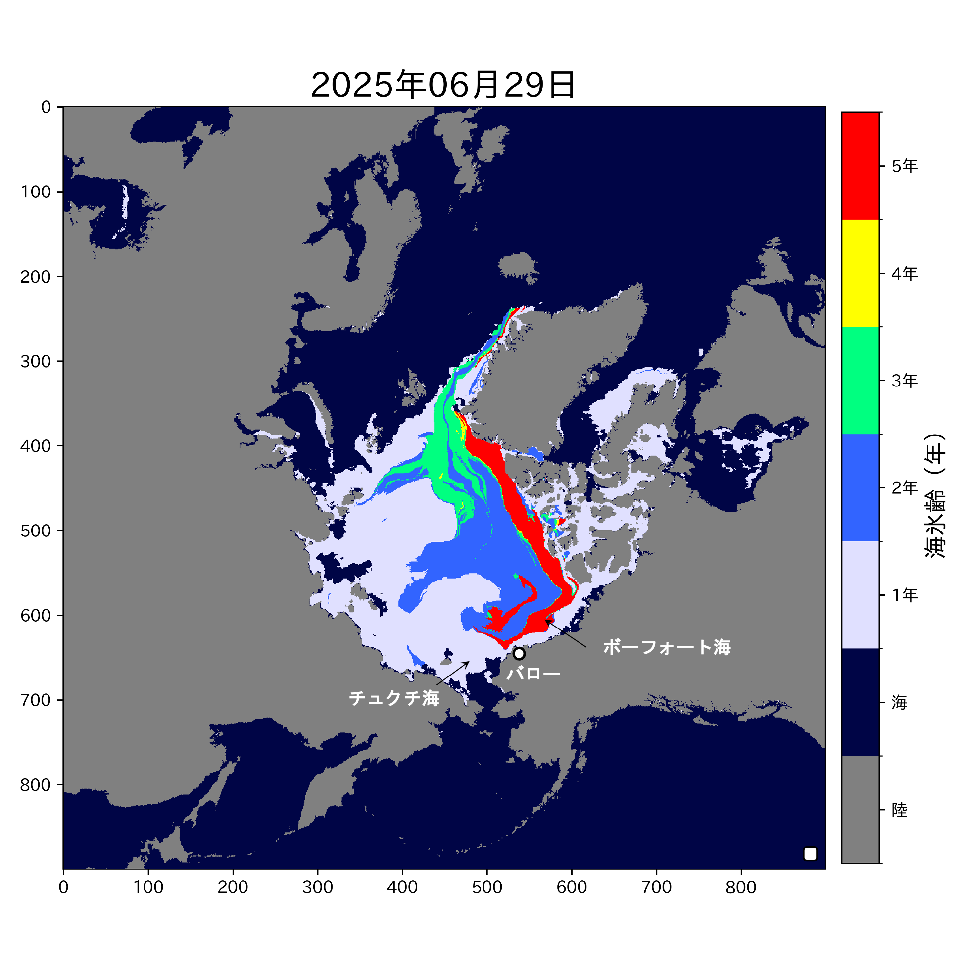 2025年6月29日の最大海氷年齢分布。
