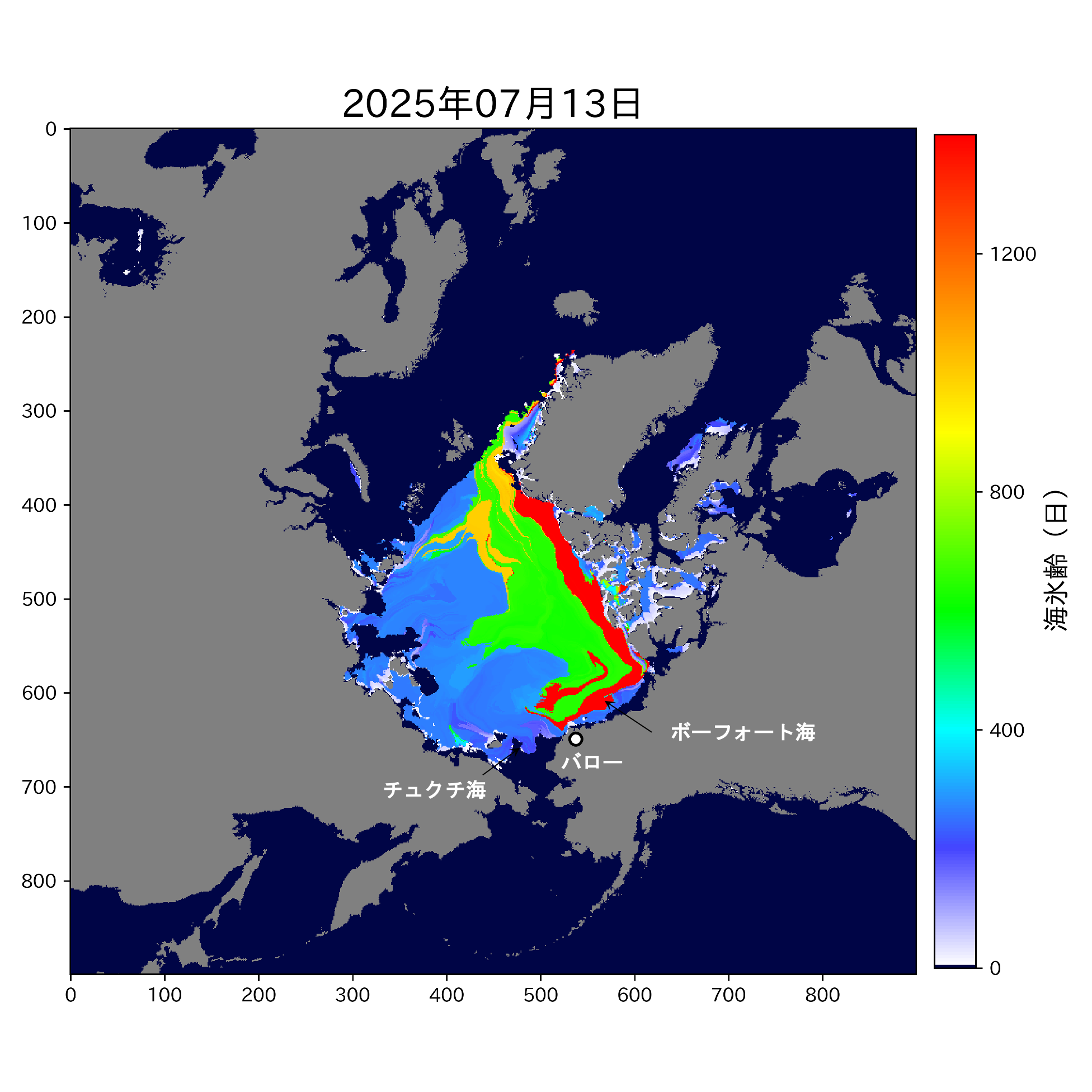 2025年7月13日の最大海氷日齢分布。