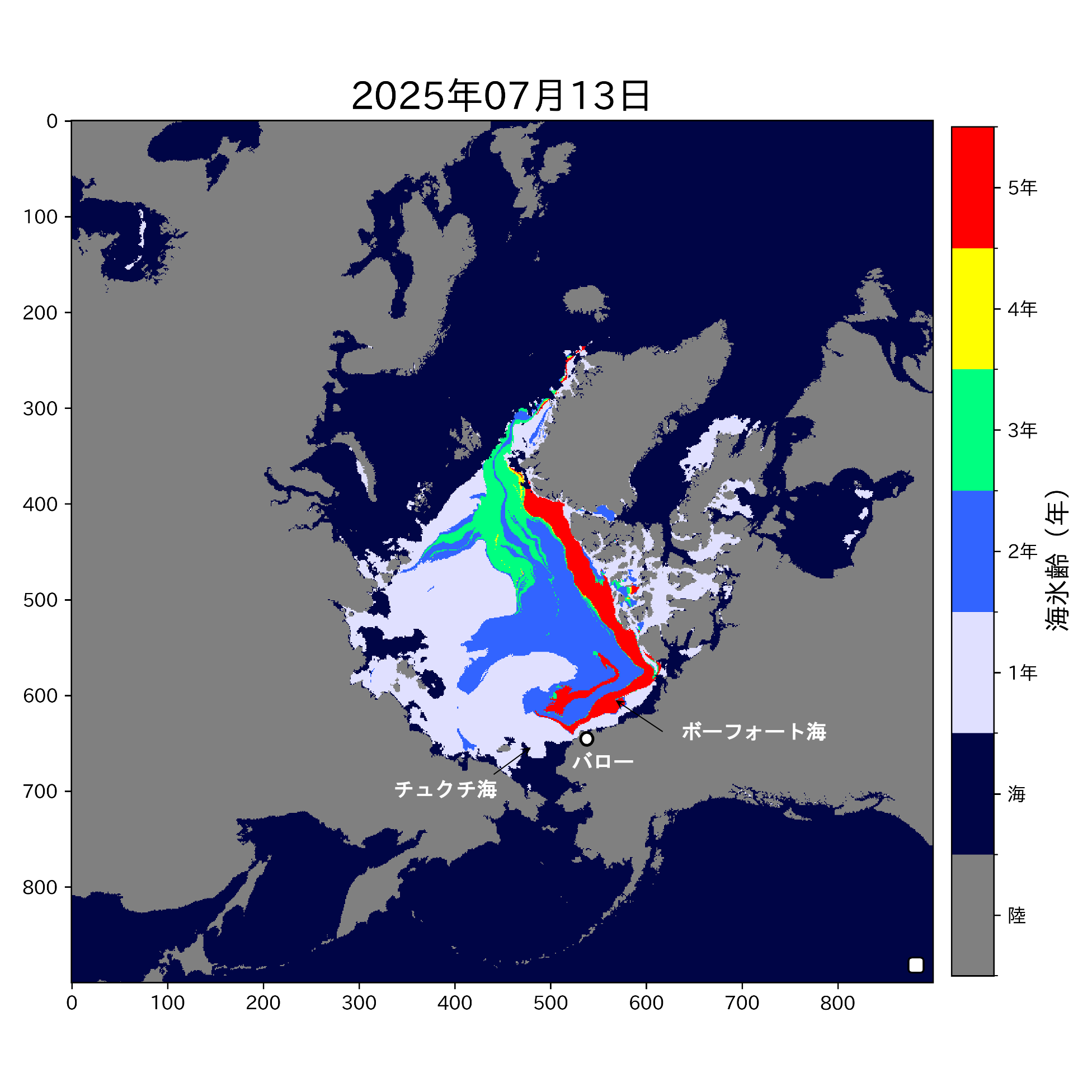 2025年7月13日の最大海氷年齢分布。