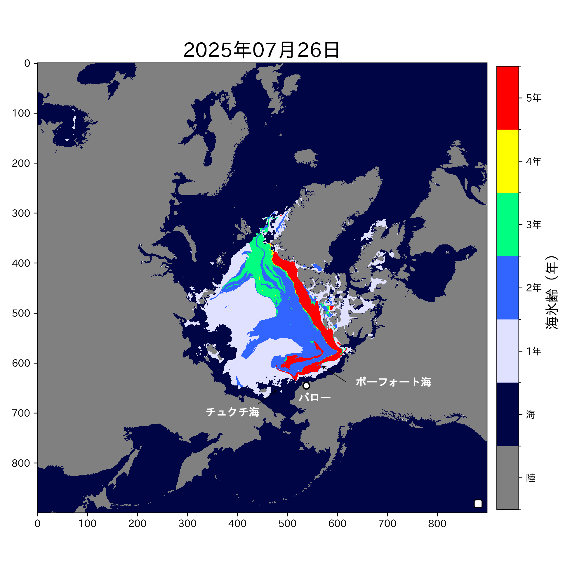 2025年7月26日の最大海氷年齢分布。