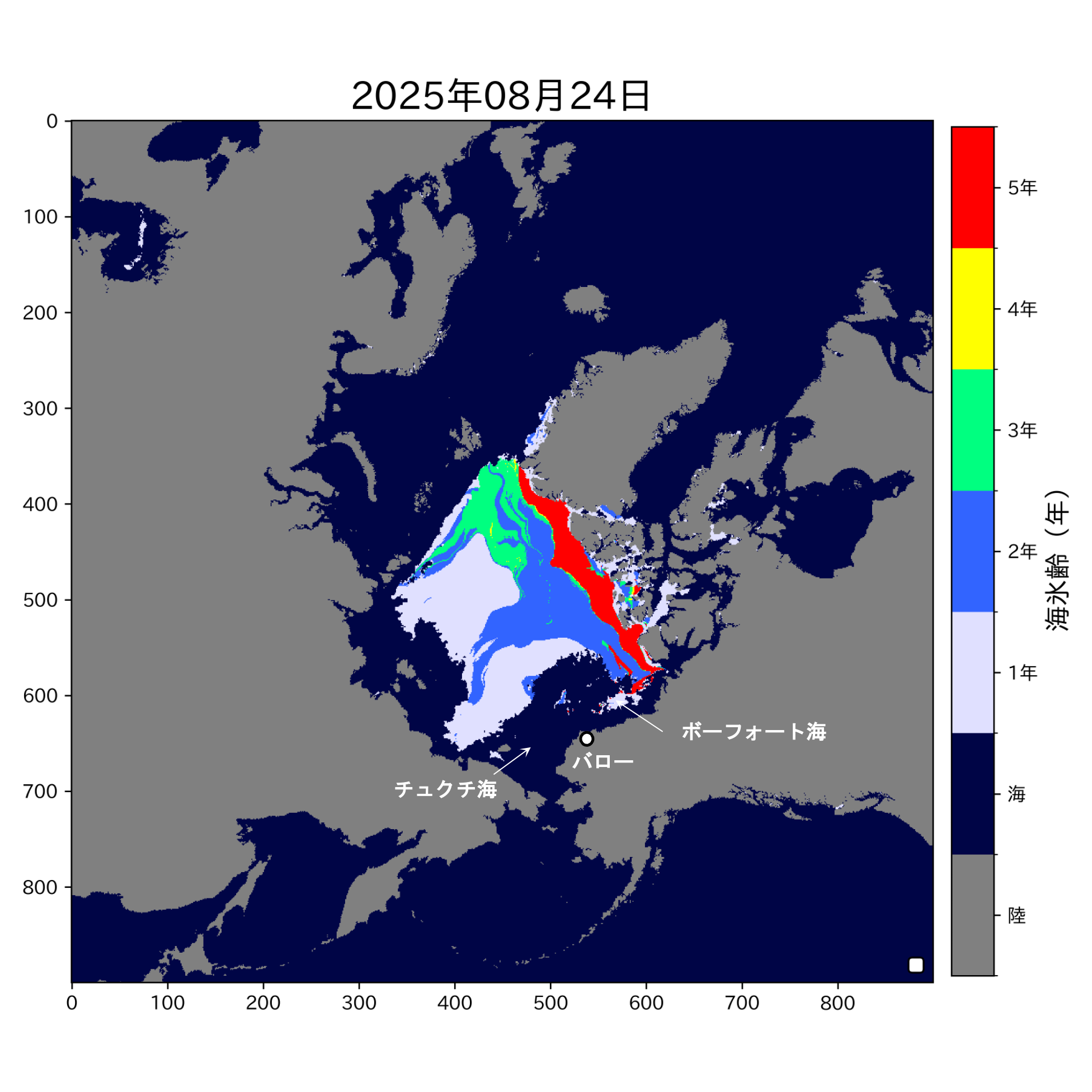 2025年8月24日の最大海氷年齢分布。