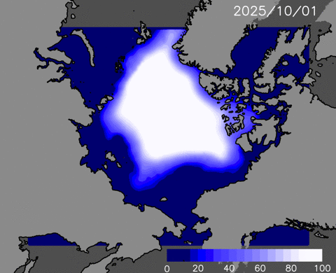 2025年の10月1日から11月30日までの予測海氷分布。